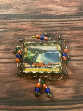 Vintage Italia Coastal Scene Brooch with Beaded Accents